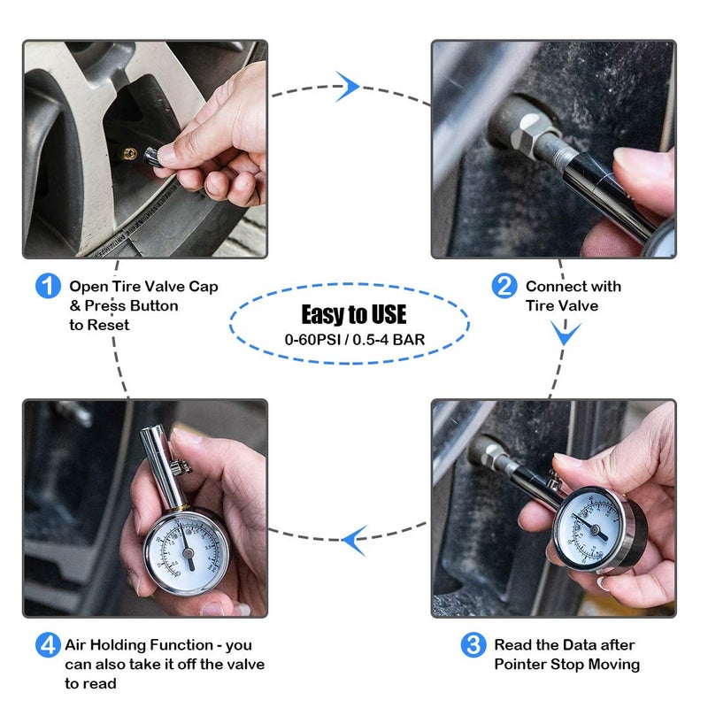 CZC AUTO Heavy Duty Tire Pressure Gauge Reader Checker 0-60PSI, ANSI B40.1 Accurate Mechanical Air Gage, Chrome Plated Single Chuck Dial Wheel Pressure Tester for Motorcycle Bike Car RV Bicycle - Image 4